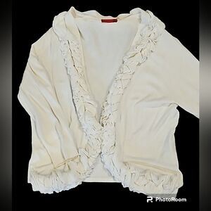 White Ruffled Open Front Cardigan Sweater XL